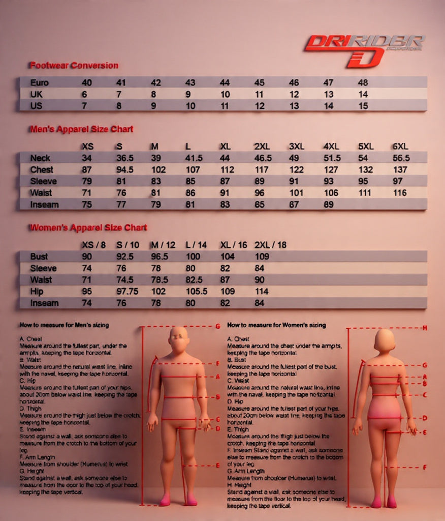 DRI RIDER JACKET SIZE CHART